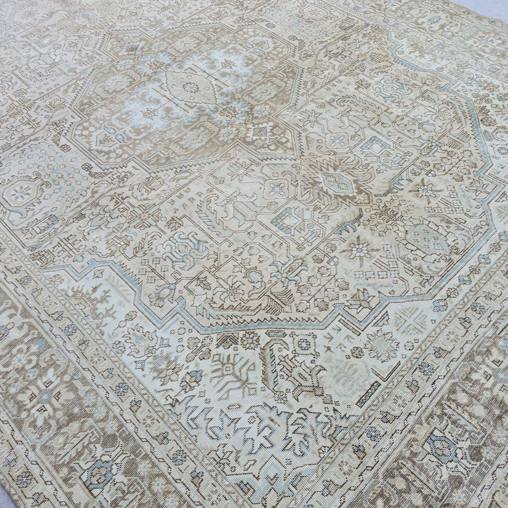 9x12 Oversize Vintage Oushak Rug: 9.5x12.5 ft, Hand-Knotted Wool, Muted Beige