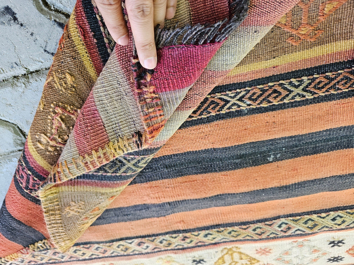Vintage Turkish Wool Runner Rug: Striped Oushak Hallway Rug (3x13)