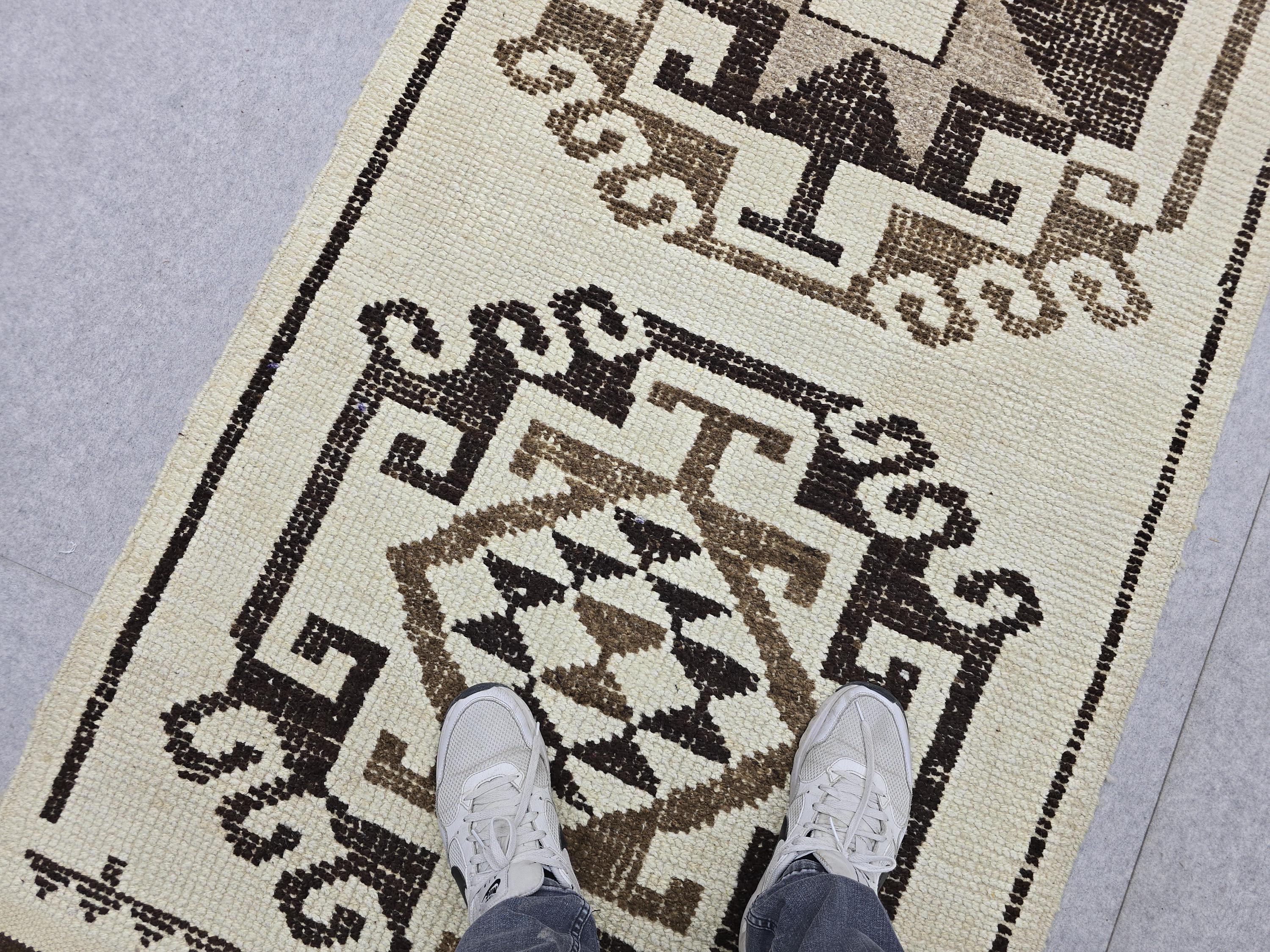 Vintage Anatolian Wool Runner, Hand-Knotted Tree of Life, Cream Brown Boho Hallway Rug