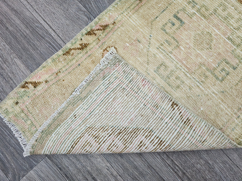Handwoven Wool Turkish Rug: Neutral Vintage Oushak Bath Mat (18.50x35.45 inches)