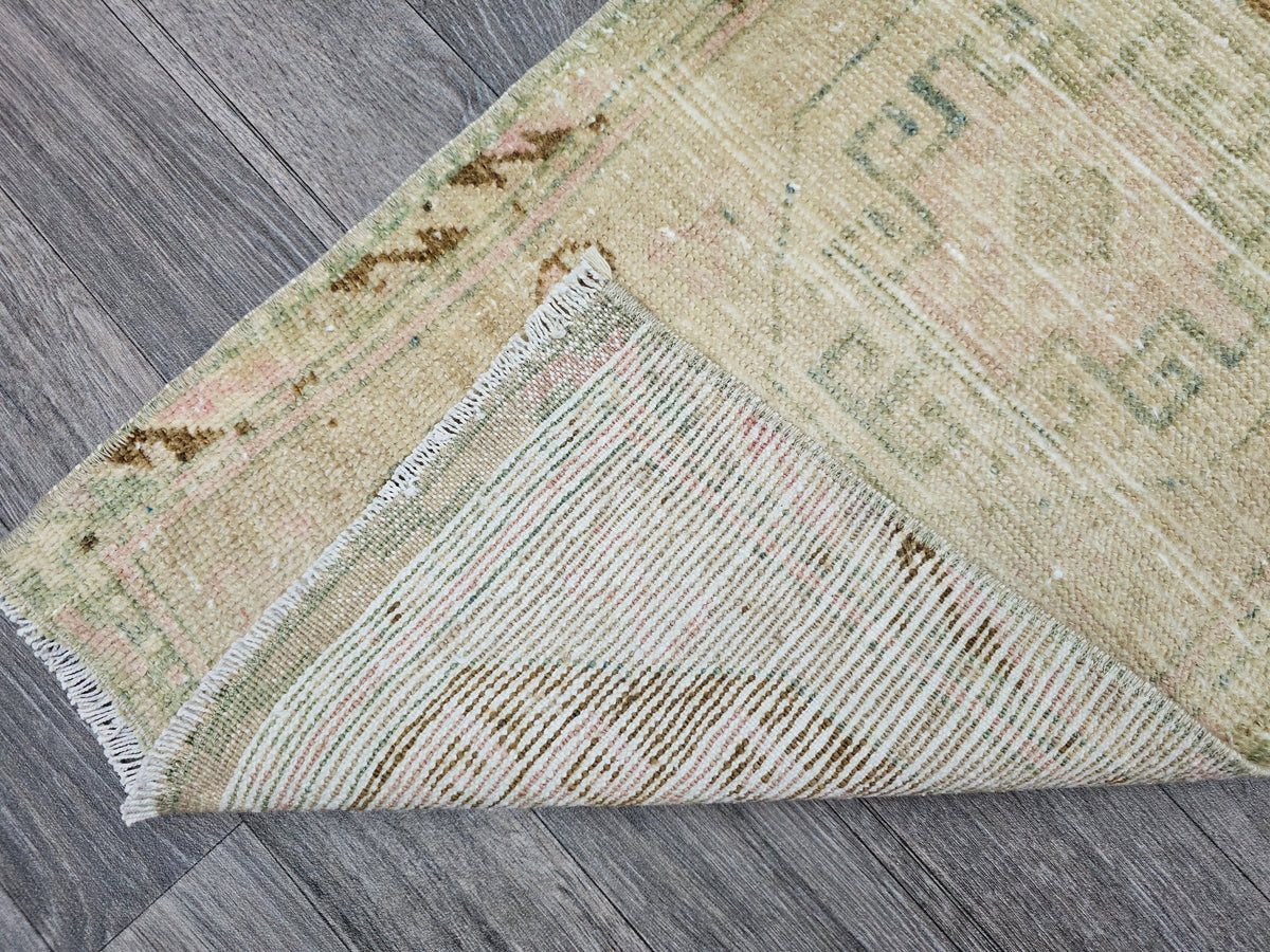 Handwoven Wool Turkish Rug: Neutral Vintage Oushak Bath Mat (18.50x35.45 inches)