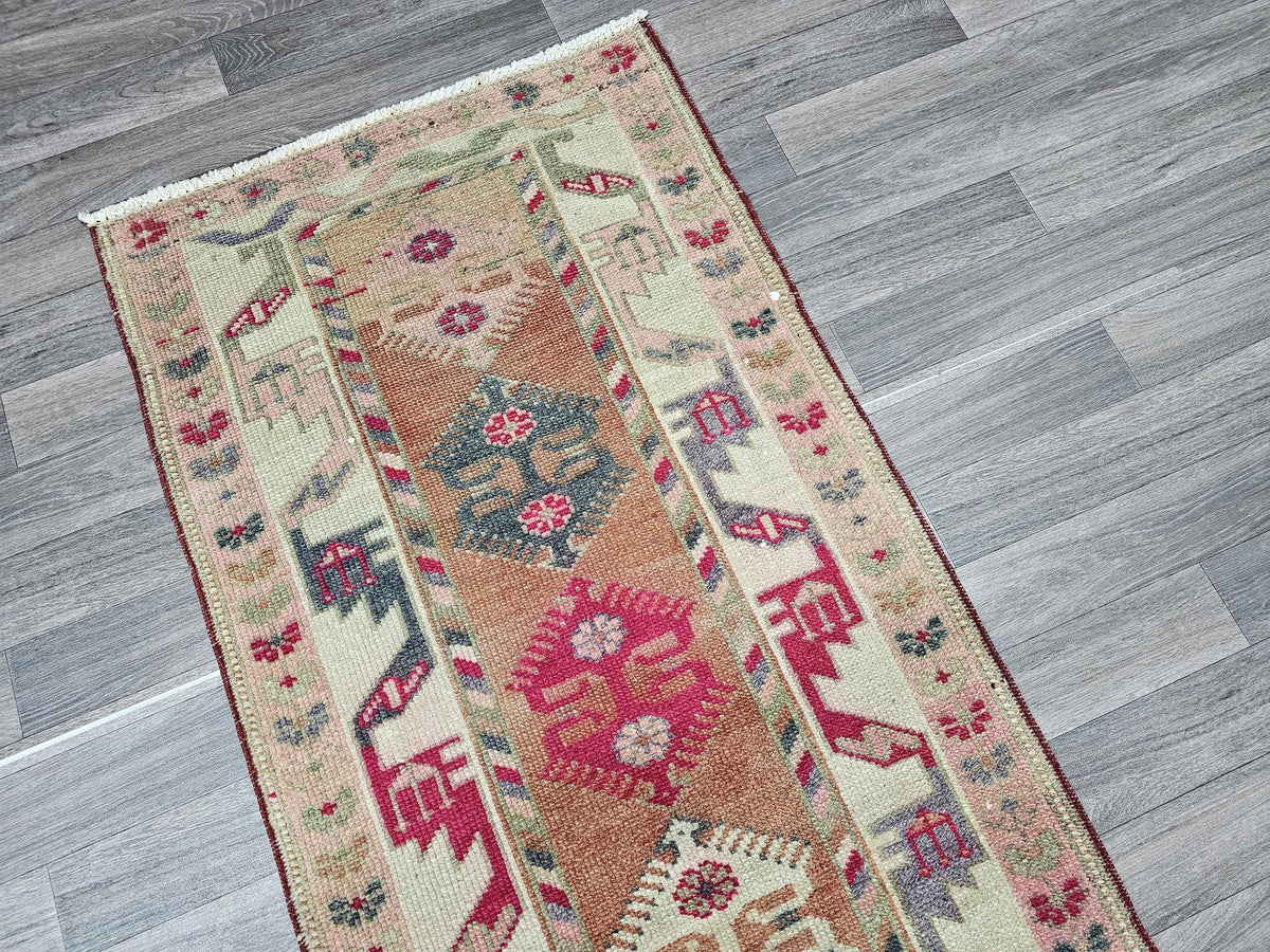 Vintage Wool Runner Rug: 2.5x13.10 ft, Pastel Colors, Traditional Anatolian Hallway Rug