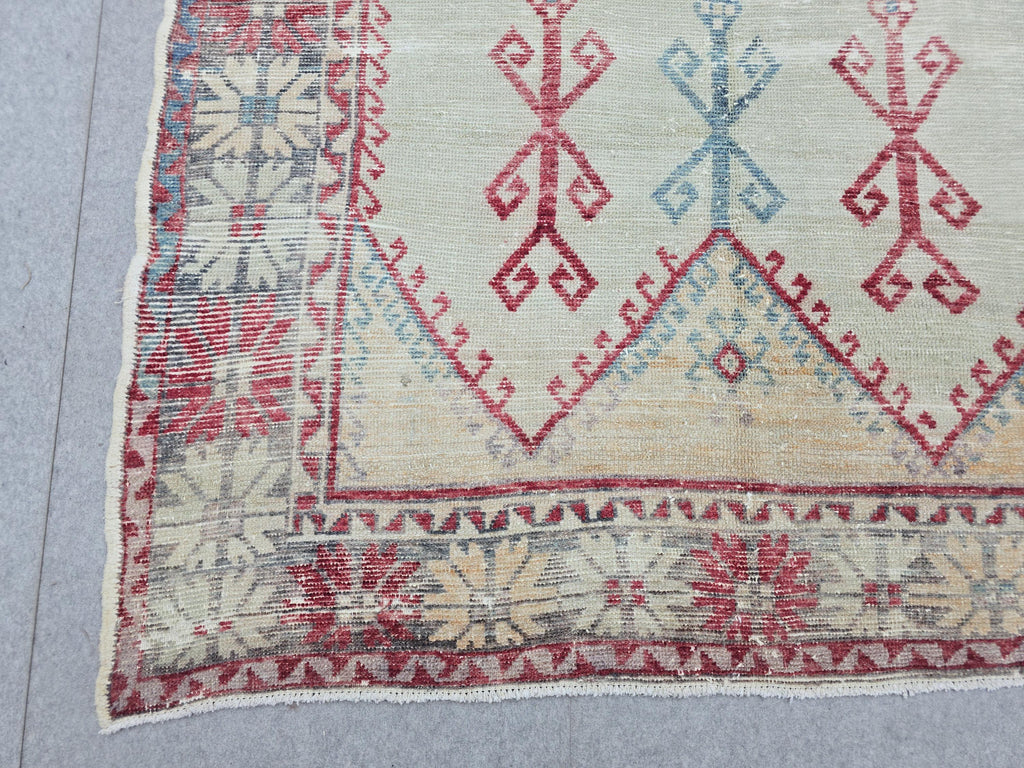Oushak Rug 5x12, Antique Red Cream Distressed Wool Area Rug, Faded Panel Medallion Anatolian Wide Runner, Boho Farmhouse Living Room Decor
