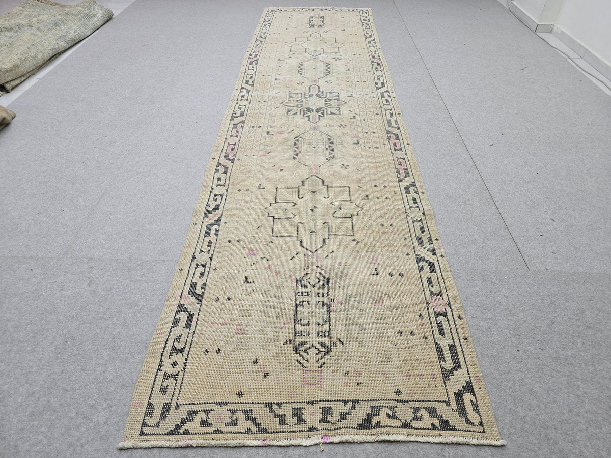 3x12 Vintage Runner Rug , Faded Pink Beige Turkish Wool Hallway Runner, Distressed Anatolian Tribal Medallion Corridor Rug, Boho Decor
