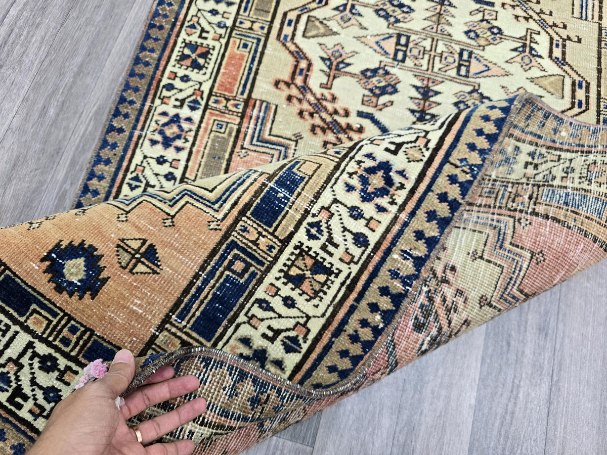 Vintage Heriz Wool Runner: Hand-Knotted Pastel Oushak Rug (3.40x13.30 ft)