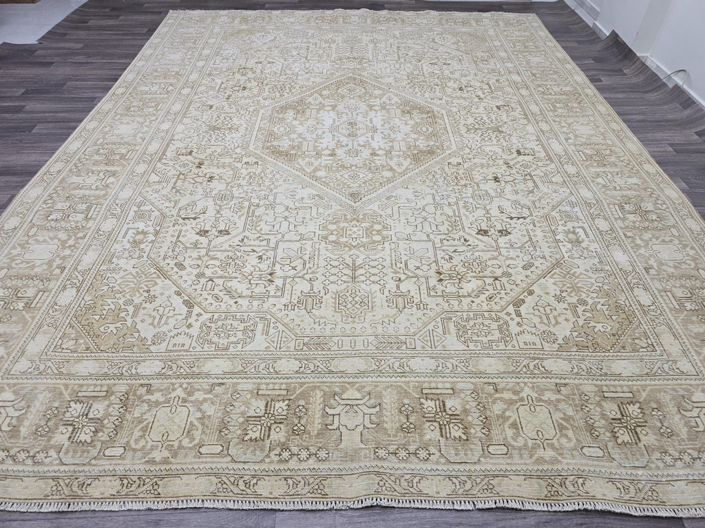 10x12 Ivory Anatolian Rug: Large Wool Oushak Geometric Carpet