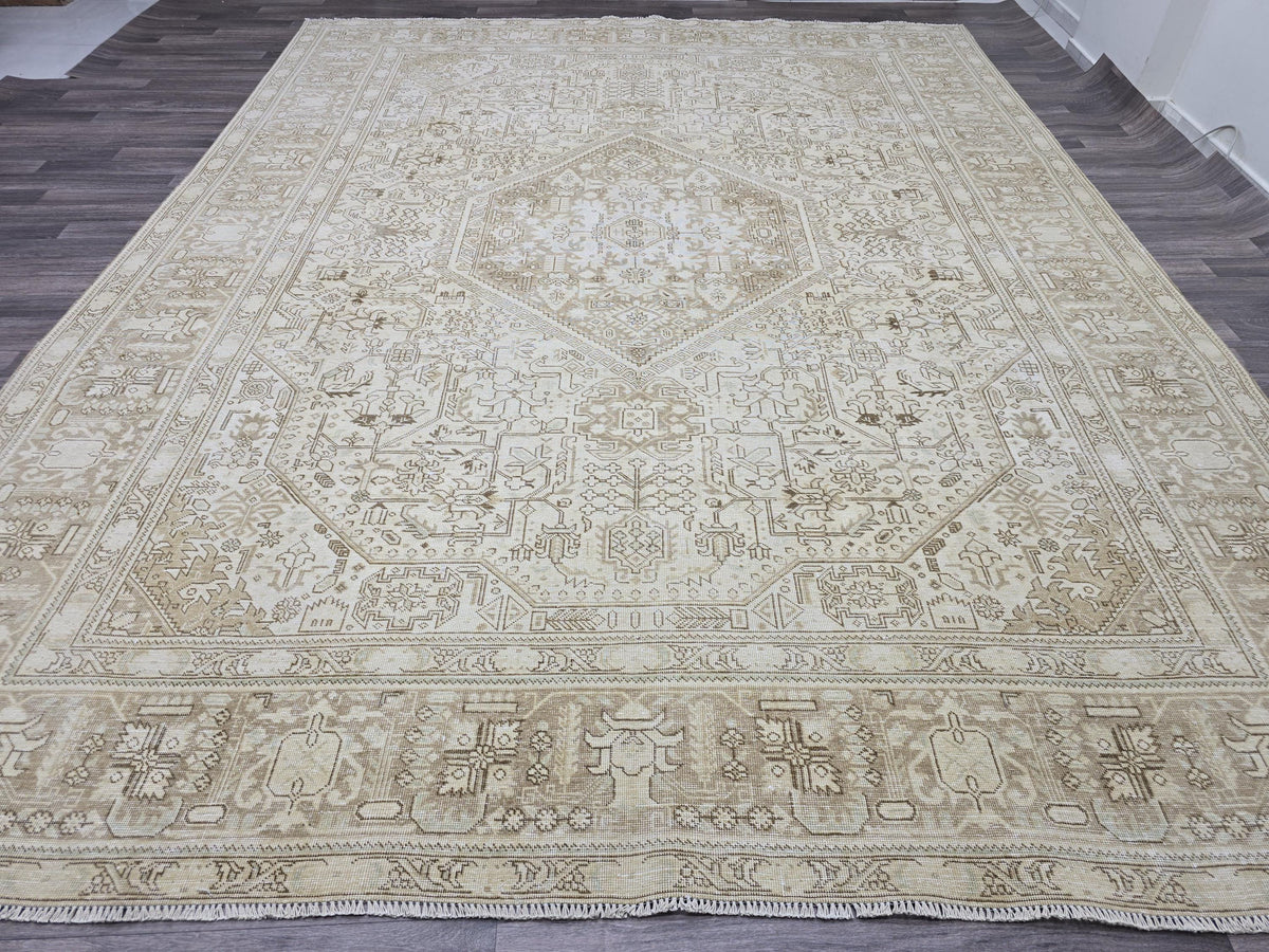 10x12 Ivory Anatolian Rug: Large Wool Oushak Geometric Carpet