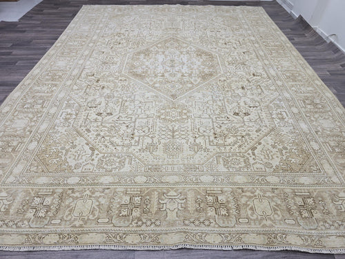 10x12 Ivory Anatolian Rug: Large Wool Oushak Geometric Carpet