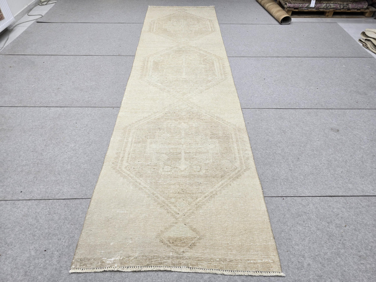 Vintage Runner Rug 3.5x12, Extra Long Sand Beige Hallway Runner, Muted Wool Corridor Rug, Neutral Stair Runner for Living Room Decor