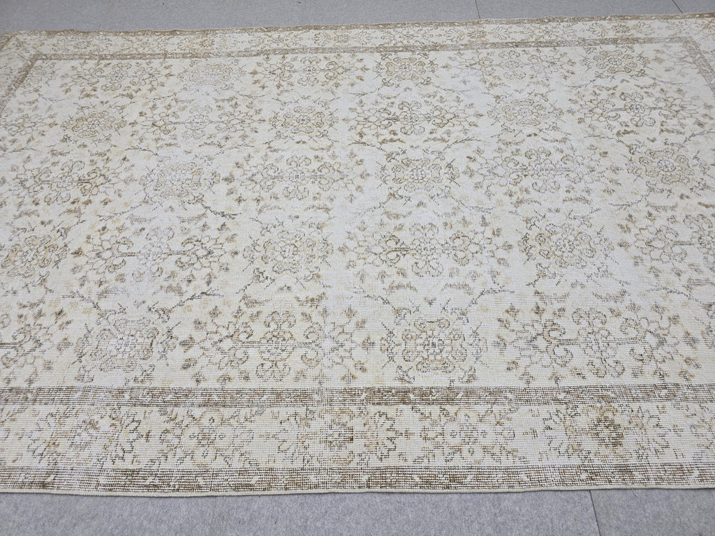 Oushak Rug 6x10 Vintage Turkish Handwoven Beige Cream Neutral Distressed Wool Area Carpet 191x317 cm