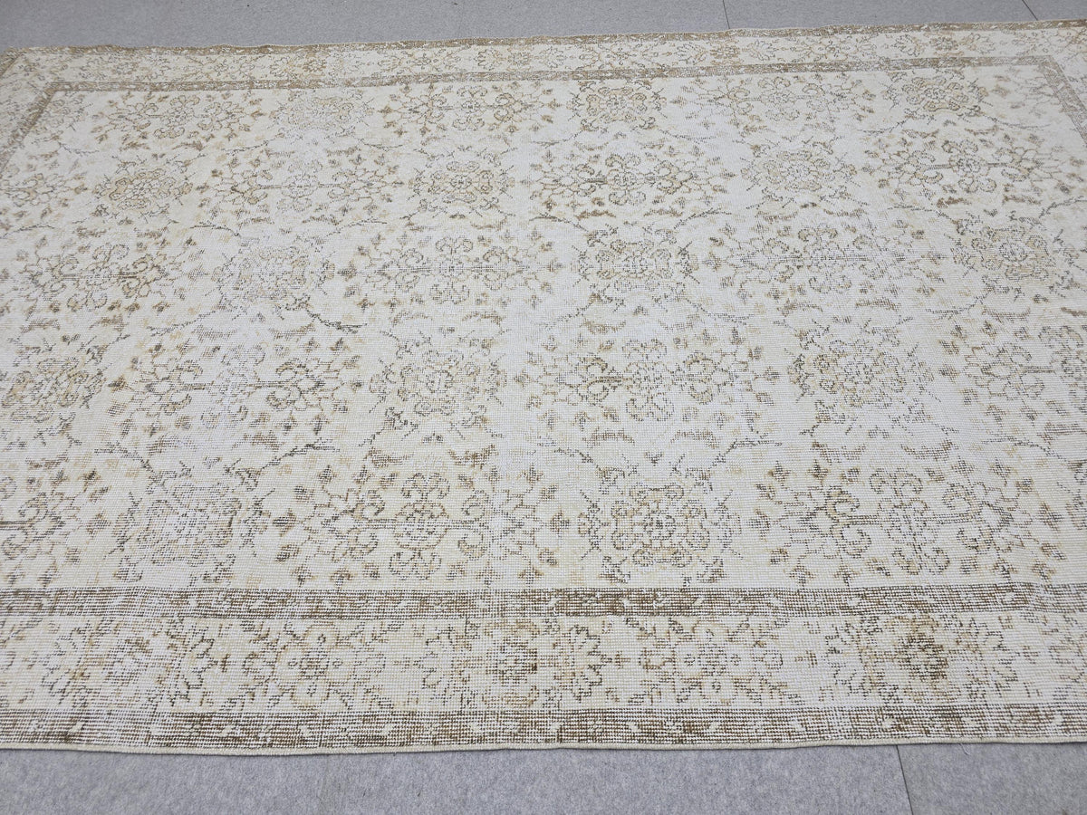 Oushak Rug 6x10 Vintage Turkish Handwoven Beige Cream Neutral Distressed Wool Area Carpet 191x317 cm
