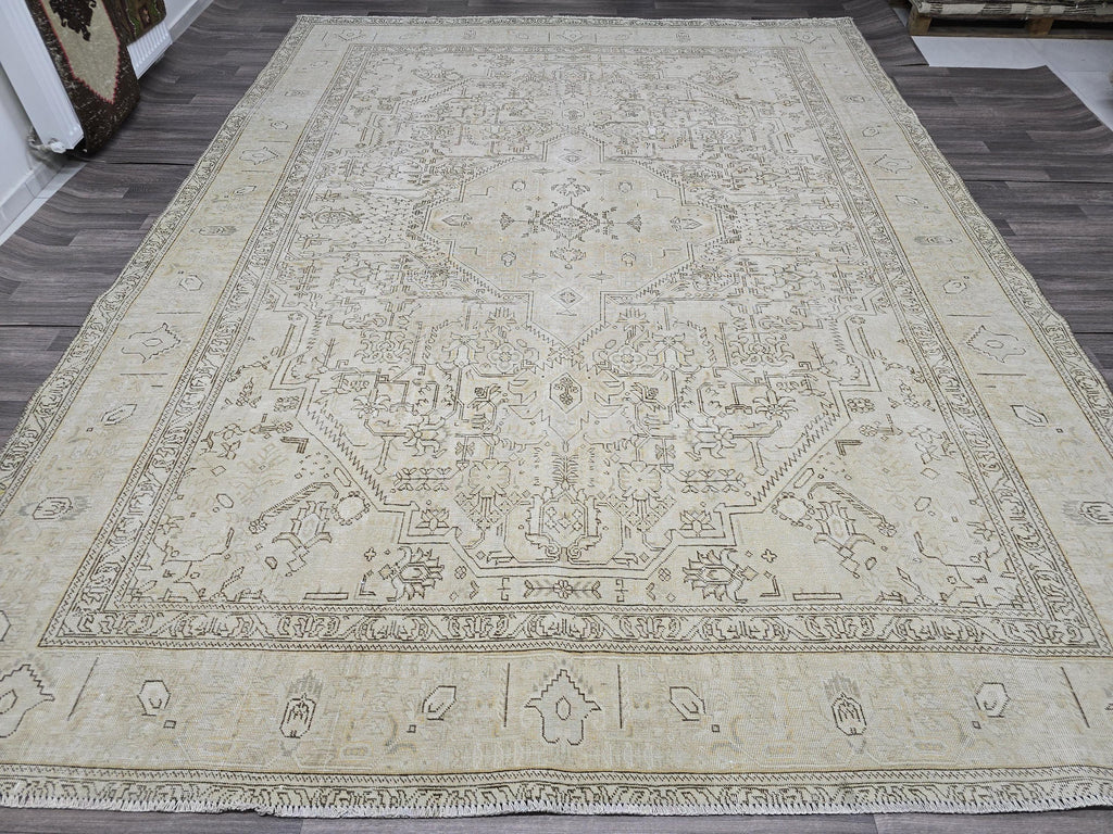Oversize Neutral Oushak Rug: 9.5x12 Vintage Handwoven Wool Carpet Cream Beige Brown