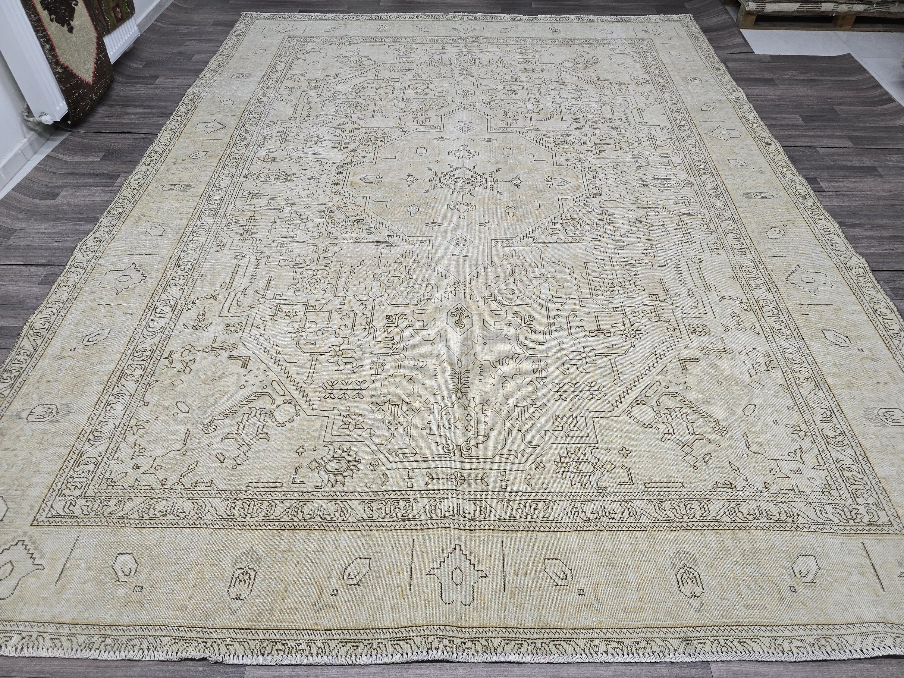 Oversize Neutral Oushak Rug: 9.5x12 Vintage Handwoven Wool Carpet Cream Beige Brown