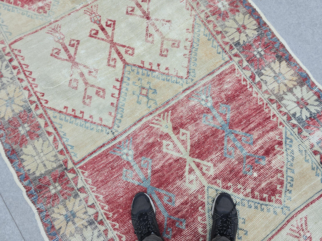 Oushak Rug 5x12, Antique Red Cream Distressed Wool Area Rug, Faded Panel Medallion Anatolian Wide Runner, Boho Farmhouse Living Room Decor
