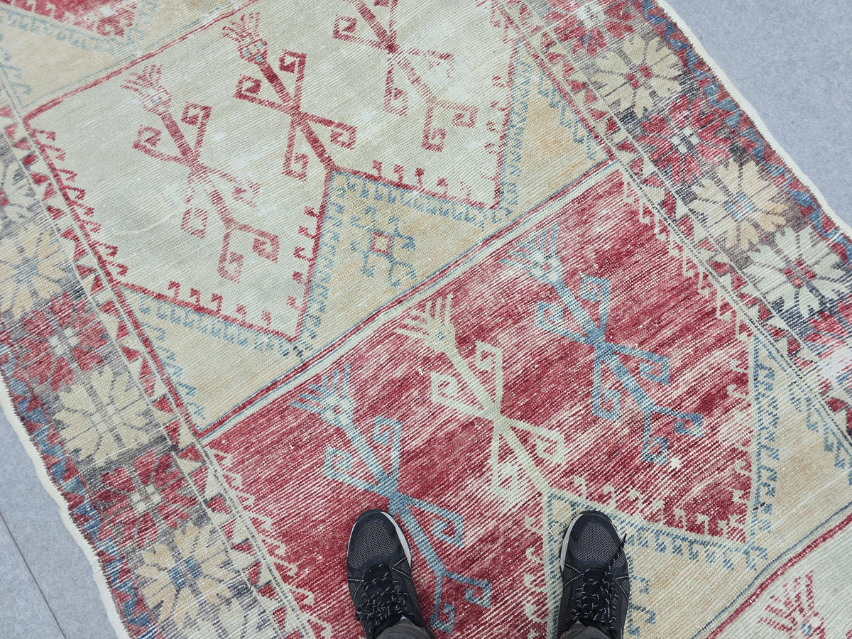 Oushak Rug 5x12, Antique Red Cream Distressed Wool Area Rug, Faded Panel Medallion Anatolian Wide Runner, Boho Farmhouse Living Room Decor