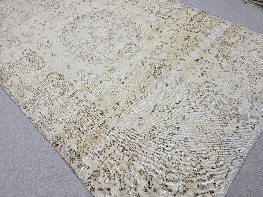 7x10 Oushak Rug Neutral Beige | Vintage Turkish Wool Medallion | Cream Living Room Carpet