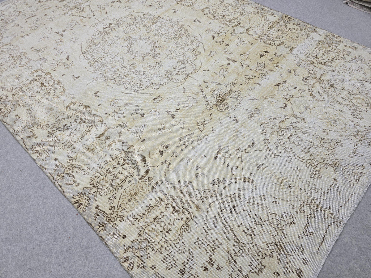 7x10 Oushak Rug Neutral Beige | Vintage Turkish Wool Medallion | Cream Living Room Carpet