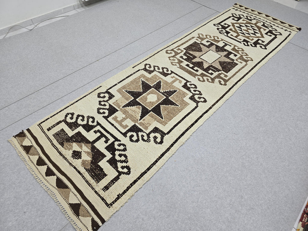 Vintage Anatolian Wool Runner, Hand-Knotted Tree of Life, Cream Brown Boho Hallway Rug