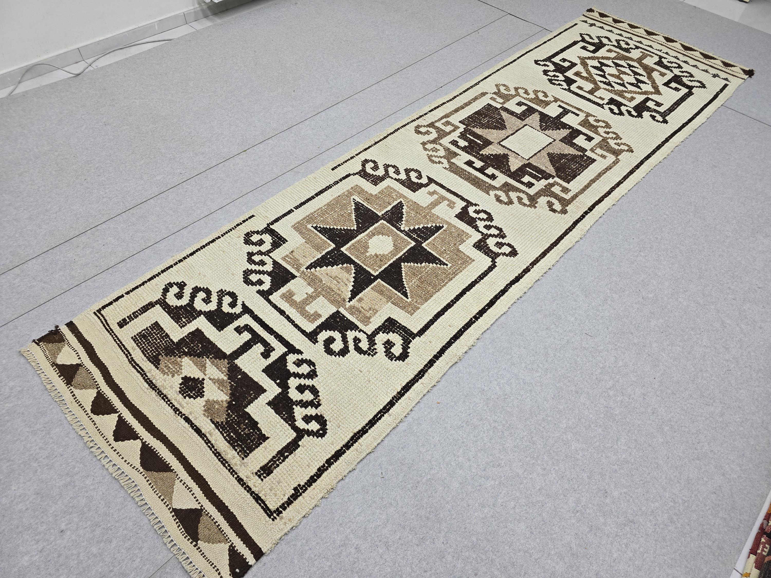 Vintage Anatolian Wool Runner, Hand-Knotted Tree of Life, Cream Brown Boho Hallway Rug