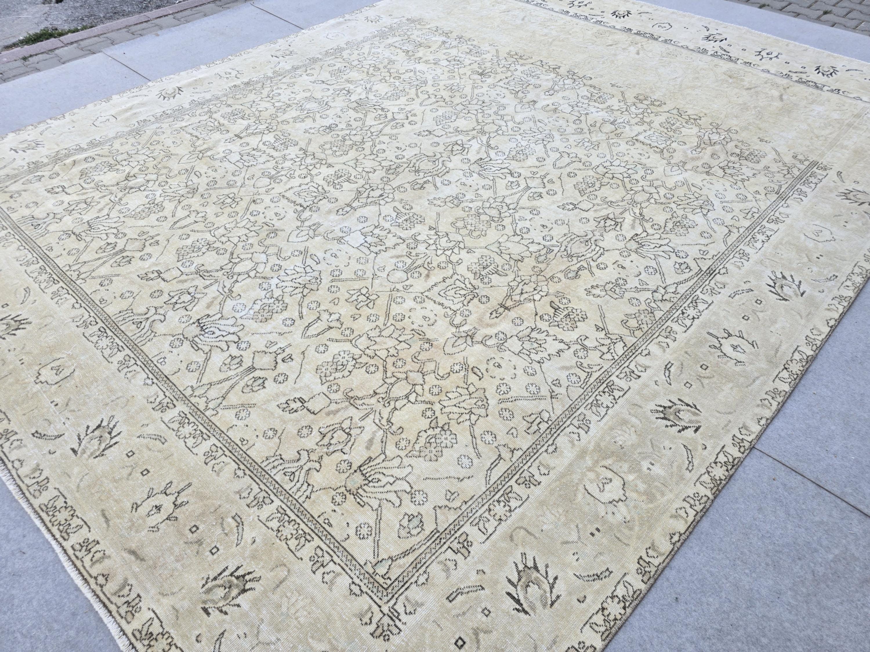 Turkish Rug 10x12, Faded Wheat Beige Wool Area Rug, Neutral All Over Floral Carpet for Living Room, Dining Room, Boho Rustic Decor