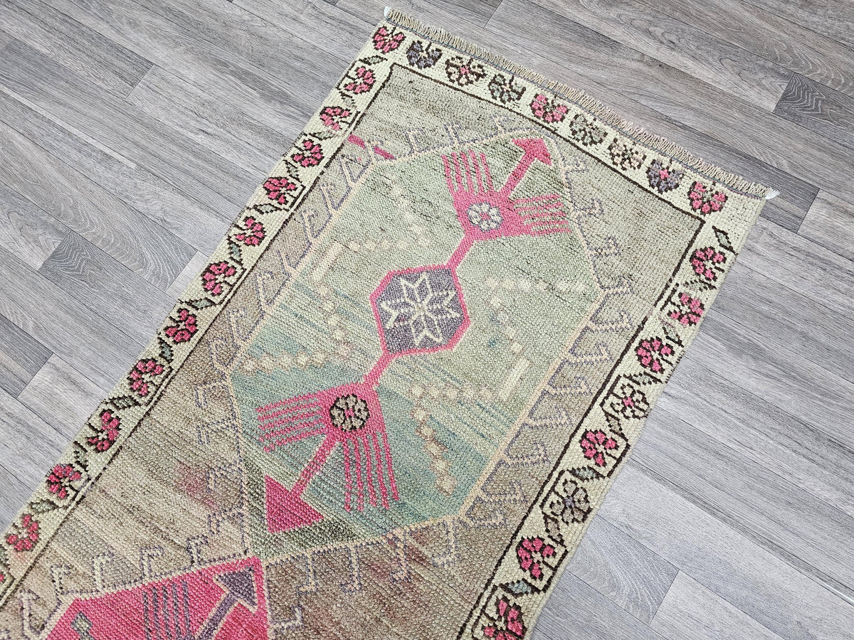 Vintage Herki Wool Runner Rug: 2.7x12.35 ft, Muted Pastel Colors
