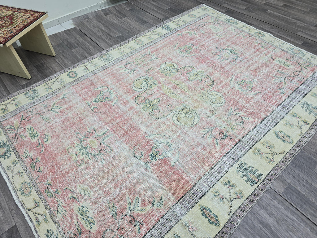 6x9 Vintage Turkish Oushak Rug: Pink Floral Wool Carpet