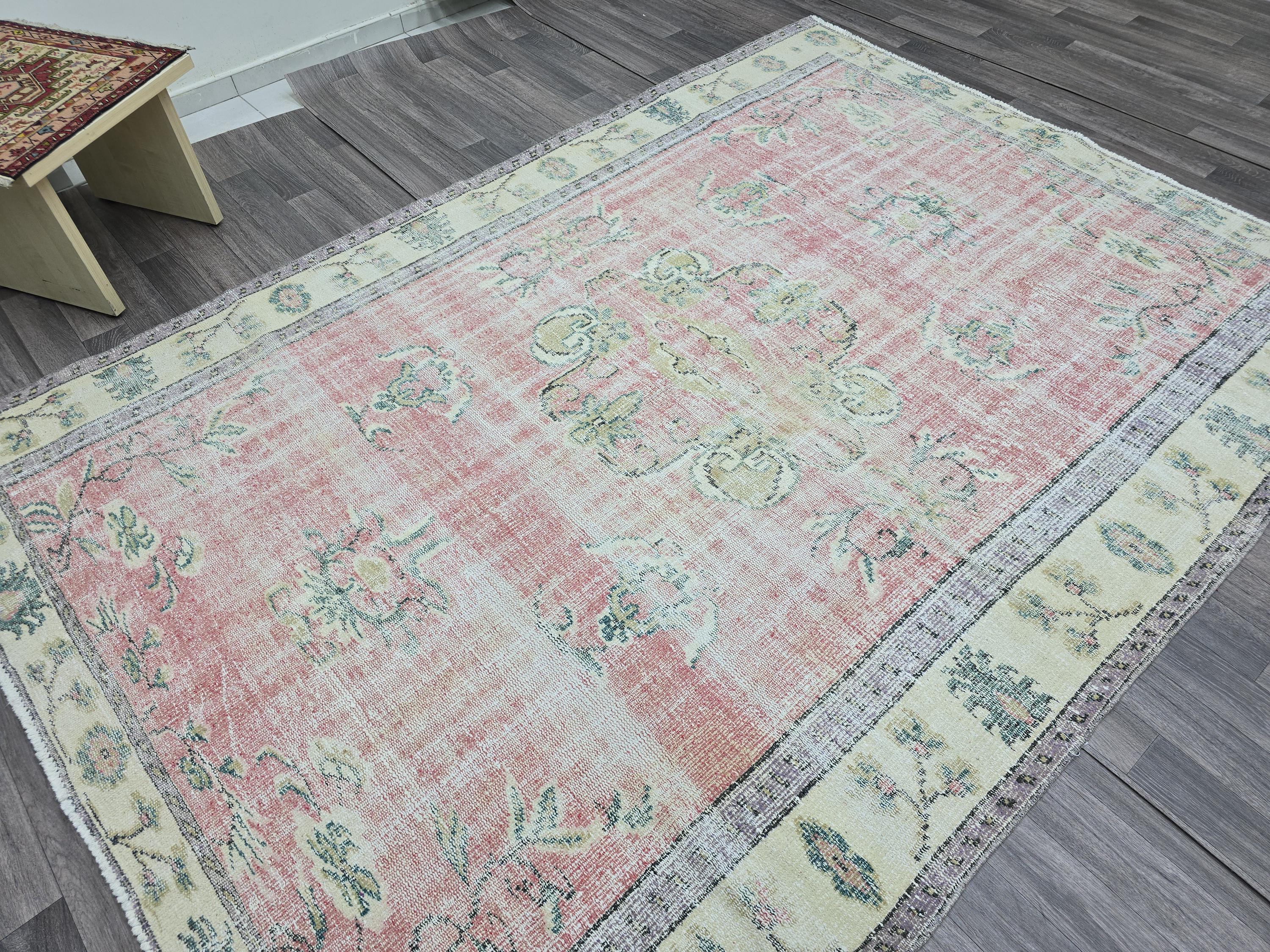 6x9 Vintage Turkish Oushak Rug: Pink Floral Wool Carpet