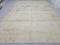 Vintage Rug 9x12, Distressed Cream Oushak Carpet, Faded Beige Medallion Hand Knotted Wool Area Rug for Dining Room