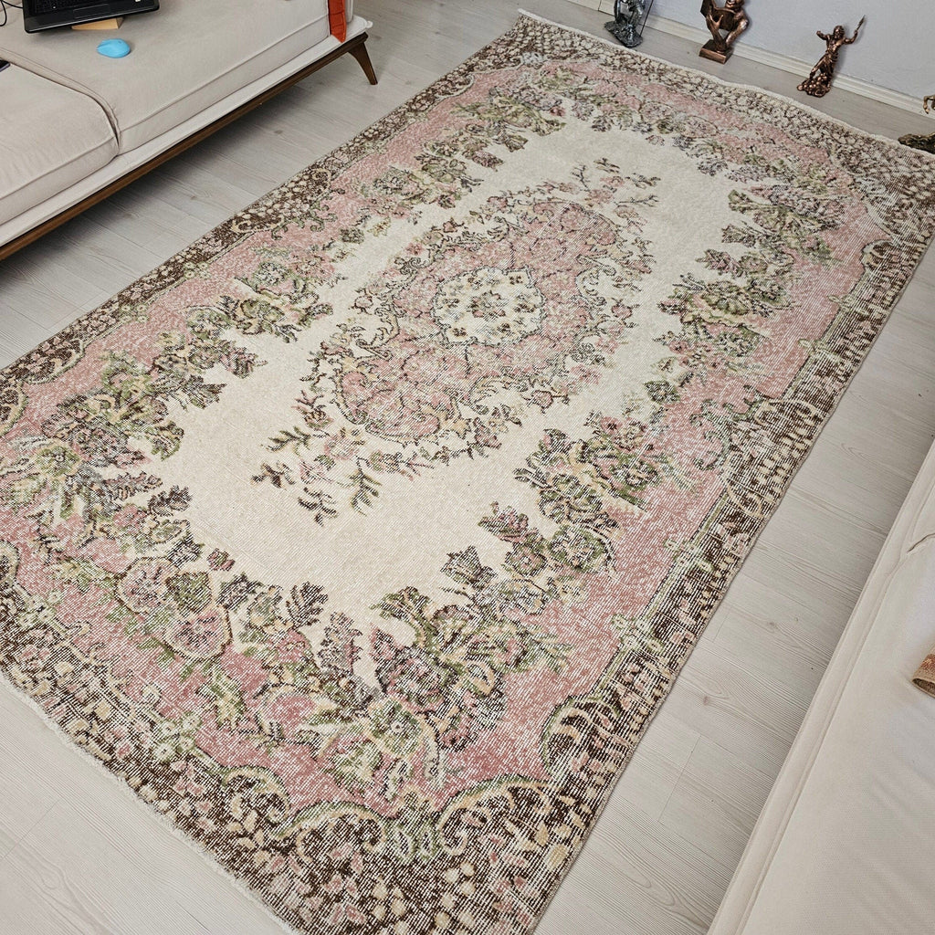 6x10 Vintage Wool Area Rug  - Handwoven Vintage Wool Rug 5.85x10 feet – Pink Cream Floral Bohemian Carpet for Living Room & Bedroom