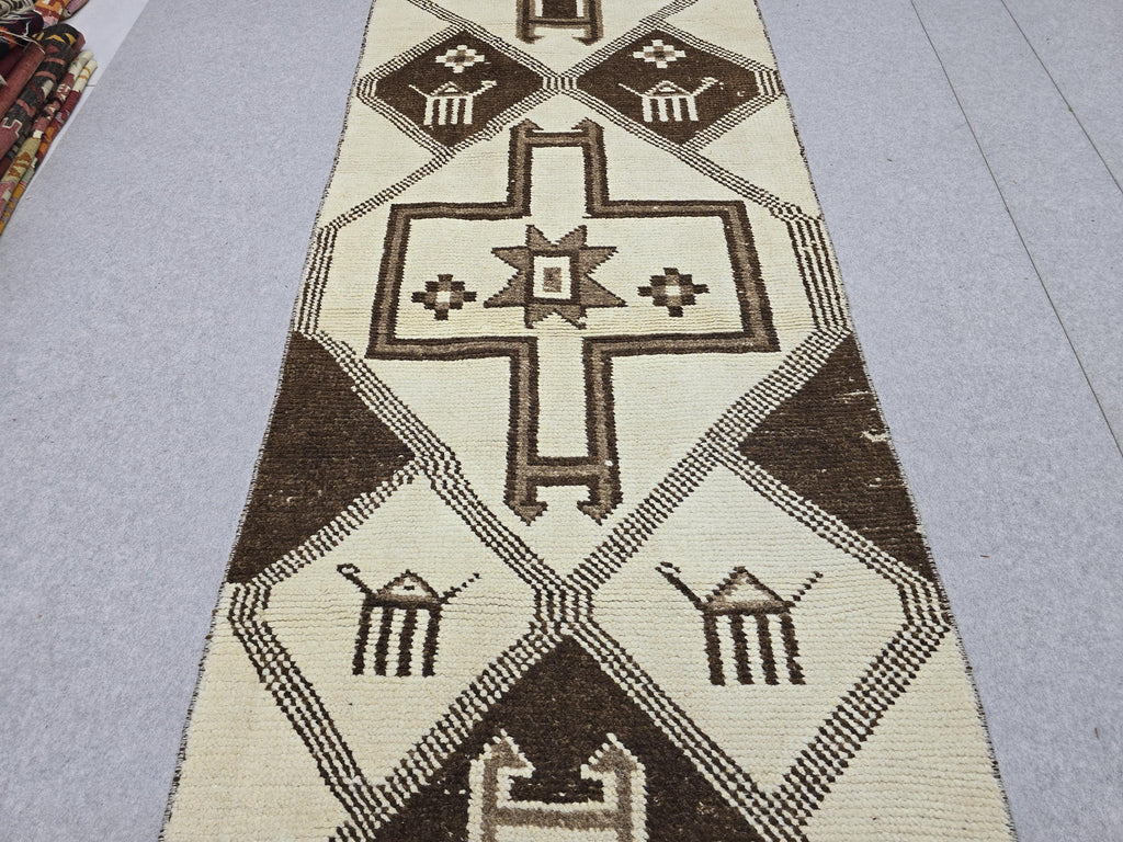 3x12 Neutral Hand Knotted Wool Turkish Runner - High Quality Muted Wool Oushak Runner for Kitchen, Hallway and Entry, Boho Decor rug runner