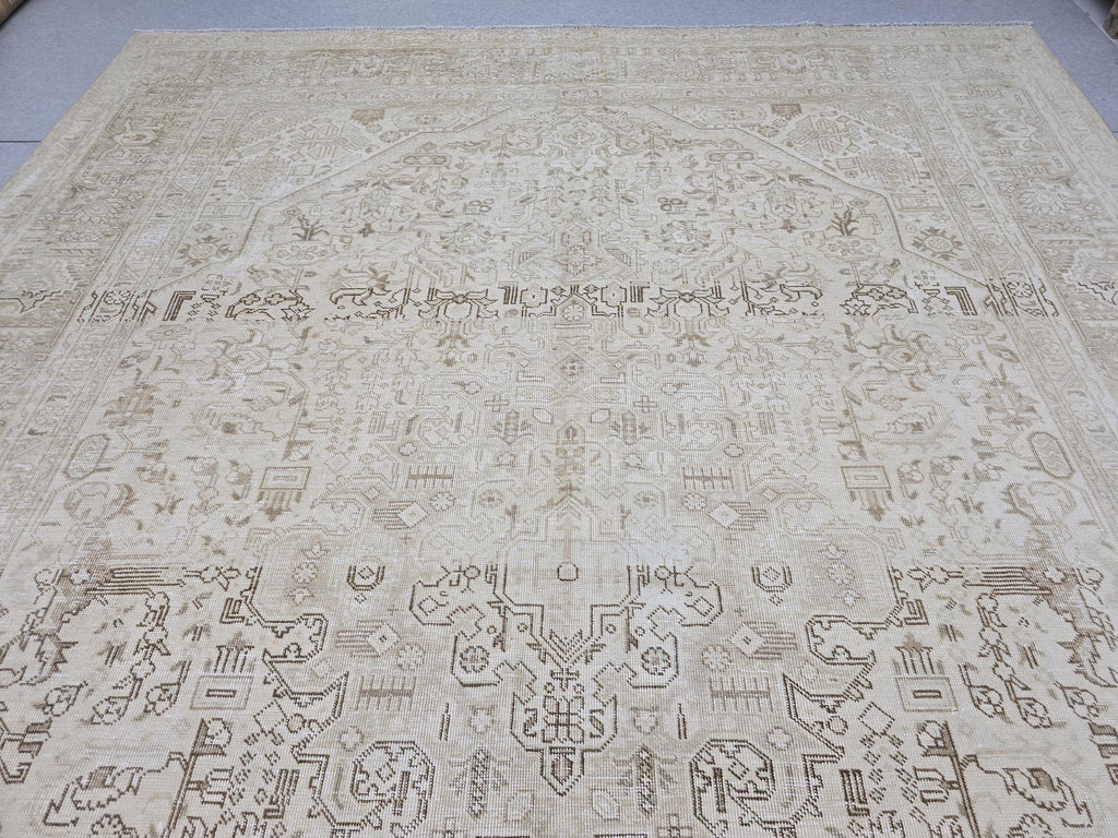 Oushak Rug 9x12, Antique Beige Medallion Wool Carpet, Muted Tan Hand Knotted Vintage Area Rug for Office or Living Room
