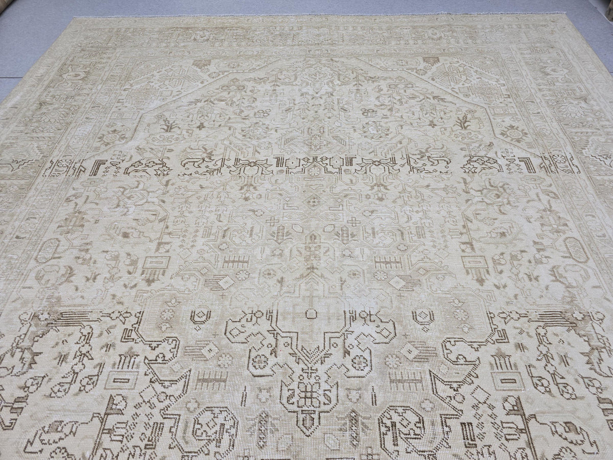 Oushak Rug 9x12, Antique Beige Medallion Wool Carpet, Muted Tan Hand Knotted Vintage Area Rug for Office or Living Room
