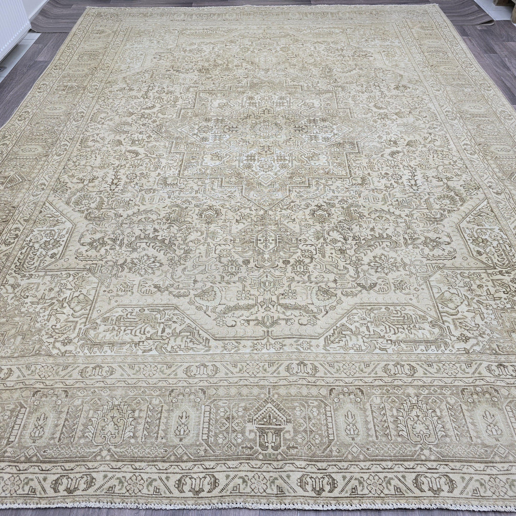 Vintage Rug 9x12 : Hand Knotted Wool Neutral Turkish Oushak Carpet