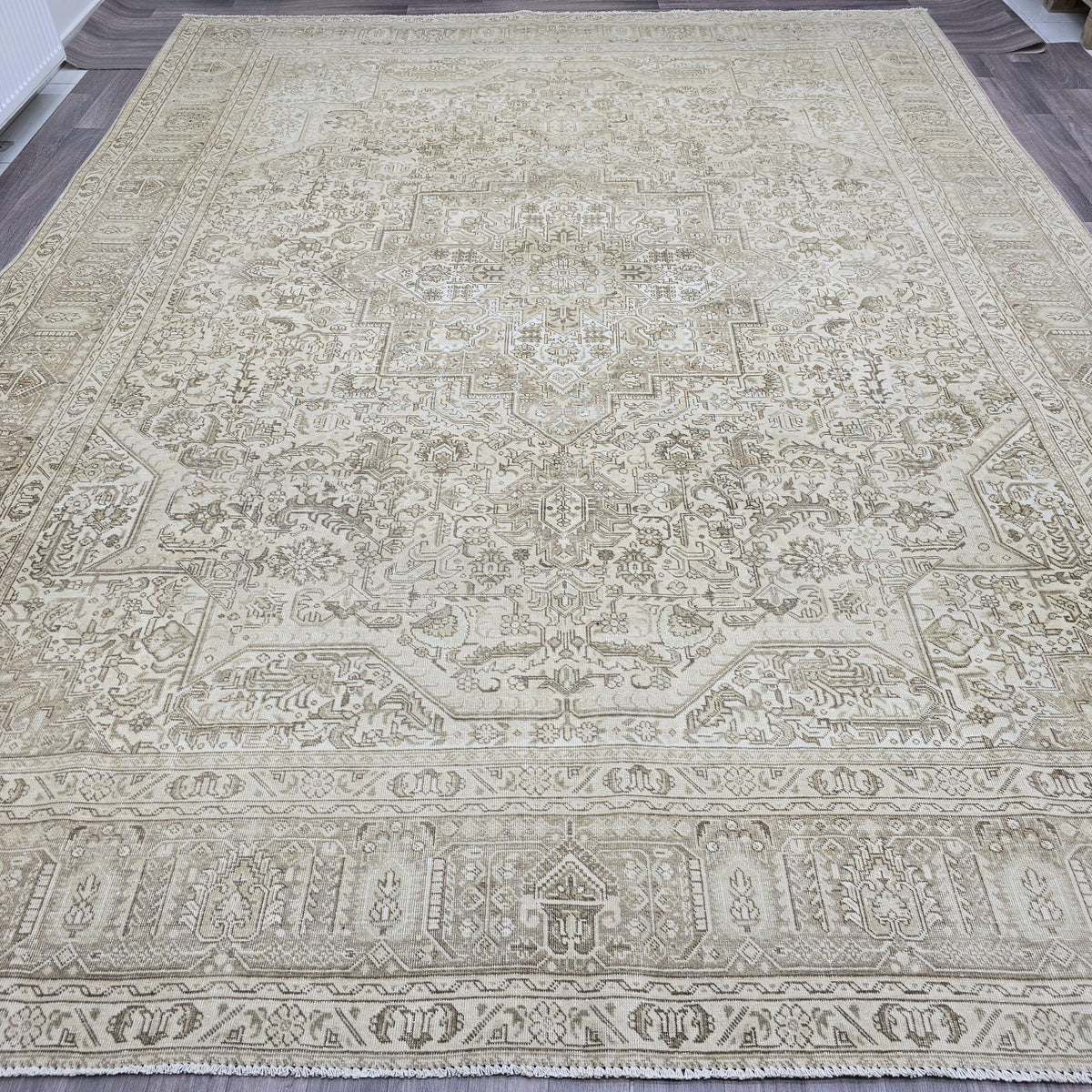 Vintage Rug 9x12 : Hand Knotted Wool Neutral Turkish Oushak Carpet