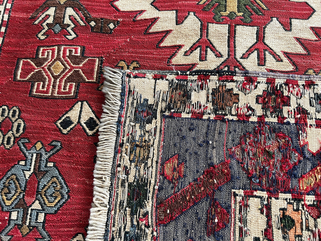 Vintage Anatolian Soumak Wool Rug: 4x5 Tribal Entryway Carpet