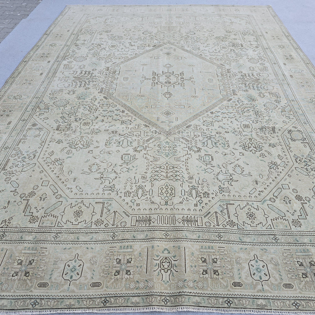 Neutral Anatolian Rug 9x12 Ivory Aqua Medallion Hand Knotted Vintage Wool