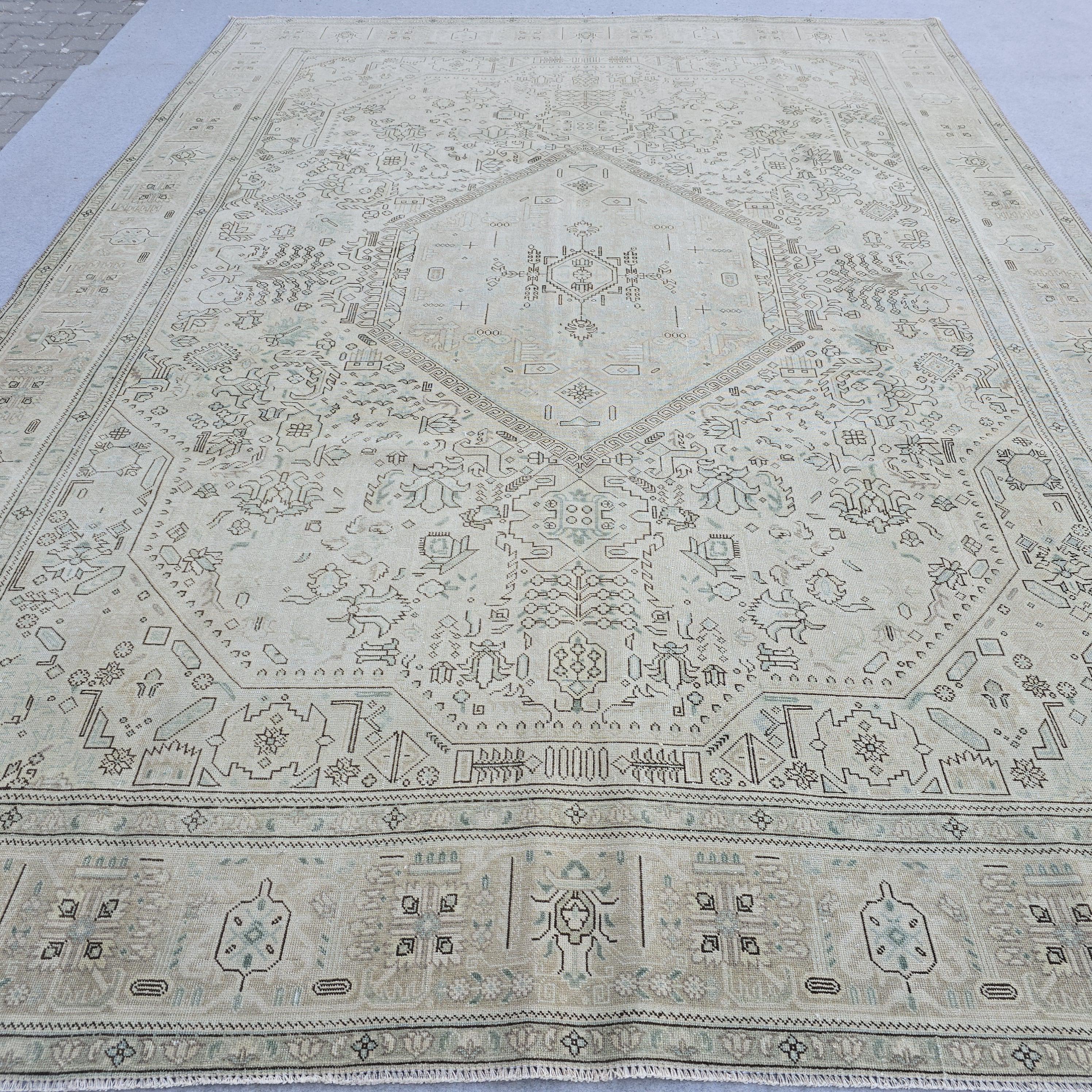 Neutral Anatolian Rug 9x12 Ivory Aqua Medallion Hand Knotted Vintage Wool