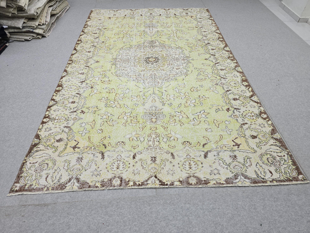 Oushak Rug 6x10, Rare Green Vintage Turkish Carpet, Muted Lime Beige Medallion Area Rug, Handknotted Wool Living Room Rug, Boho Home Decor