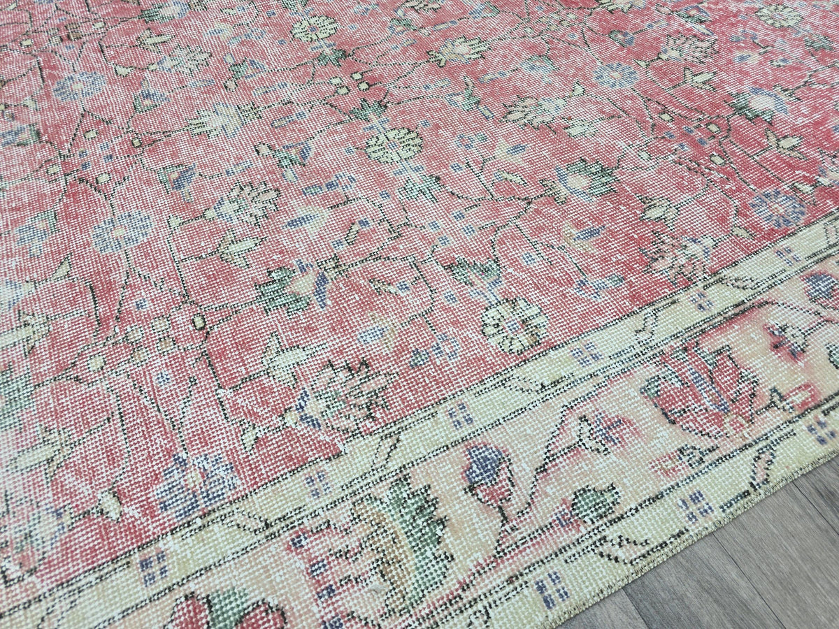 7x10 Vintage Turkish Rug  Cream Pink Oushak Rug Hand knotted Wool Area Rug Floral Living Room Carpet Pastel Oriental Rug