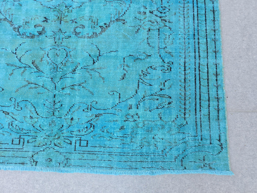 Vintage Overdyed Turquoise Turkish Rug - 6x9.6 ft Handknotted