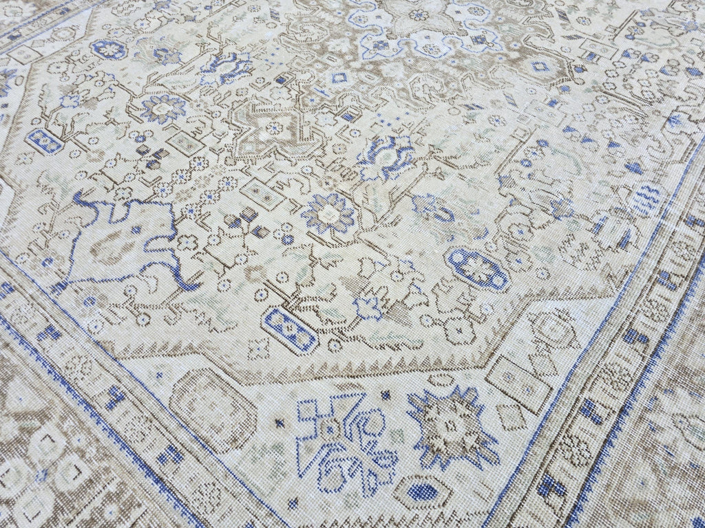 Oushak Rug 8x11, Vintage Turkish Rug, Blue Beige Area Rug, Hand Knotted Wool Rug, Faded Living Room Rug, Boho Neutral Carpet