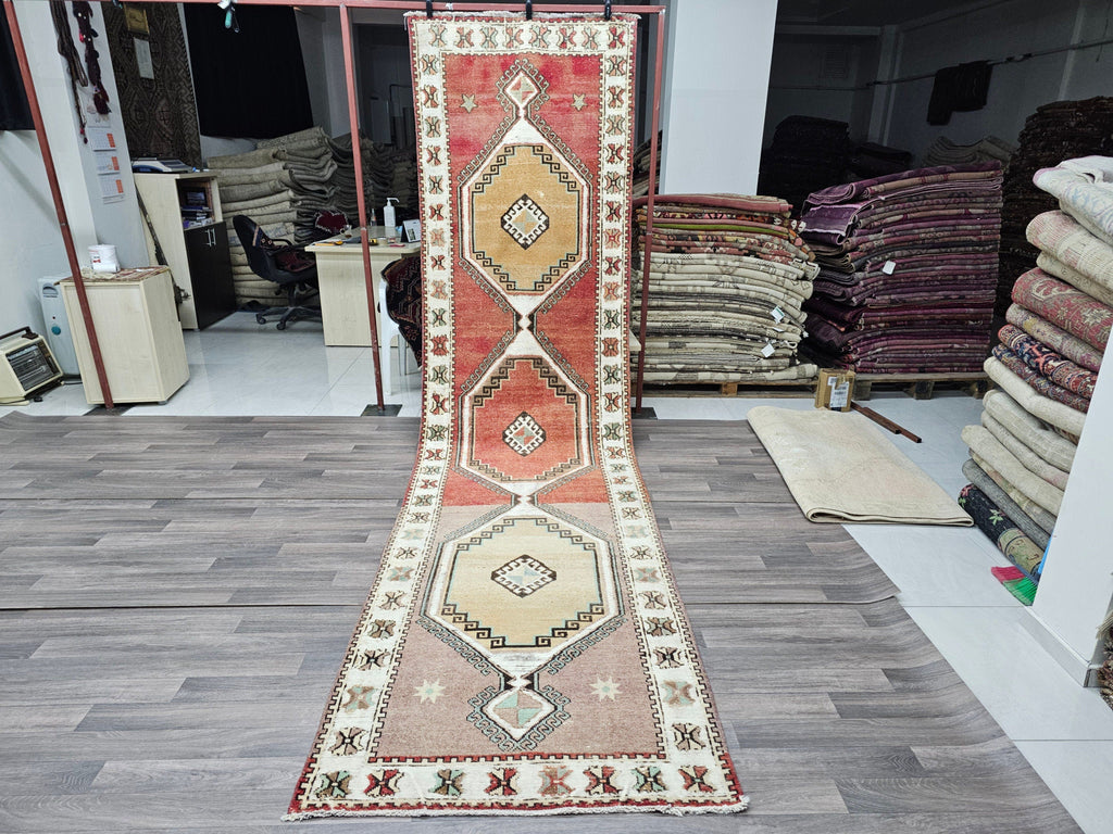 4x14 Vintage Turkish Runner Rug: Handmade Wool Oushak Carpet