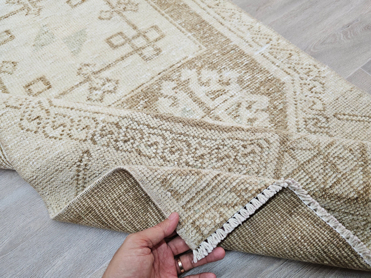 Hand Knotted Turkish Wool Runner Rug: Neutral Anatolian Design (2.50x11.85 feet)