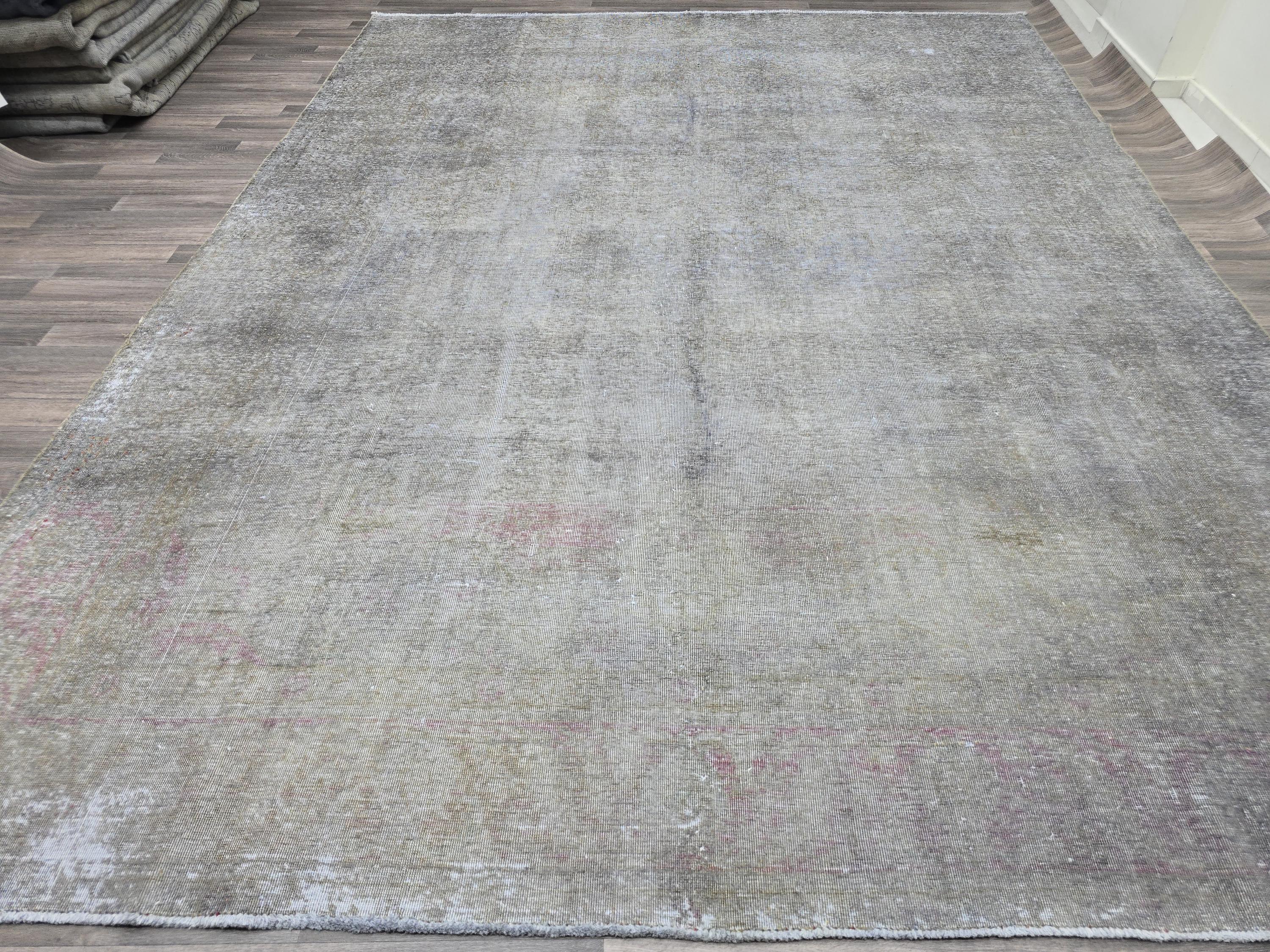 Vintage Handwoven Turkish Rug 9.5x12.5, Faded Neutral Wool Area Rug, Muted Beige Gray Large Rug, Distressed Antique Style Carpet