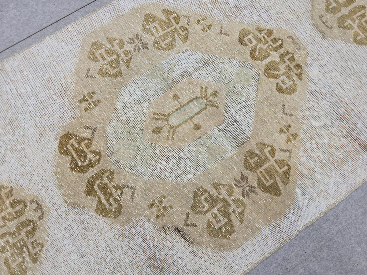 Turkish Rug 3x11, Faded Vintage Anatolian Wool Runner, Hand Knotted Neutral Medallion Hallway Runner, Boho Farmhouse Decor