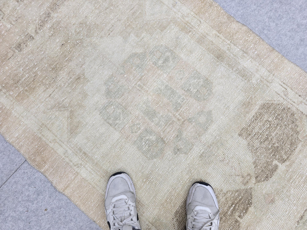 Oushak Runner Rug 3x13, Faded Apricot Beige Hallway Runner, Extra Long Wool Kitchen Runner, Soft Sage Entry Rug for Home Office Decor