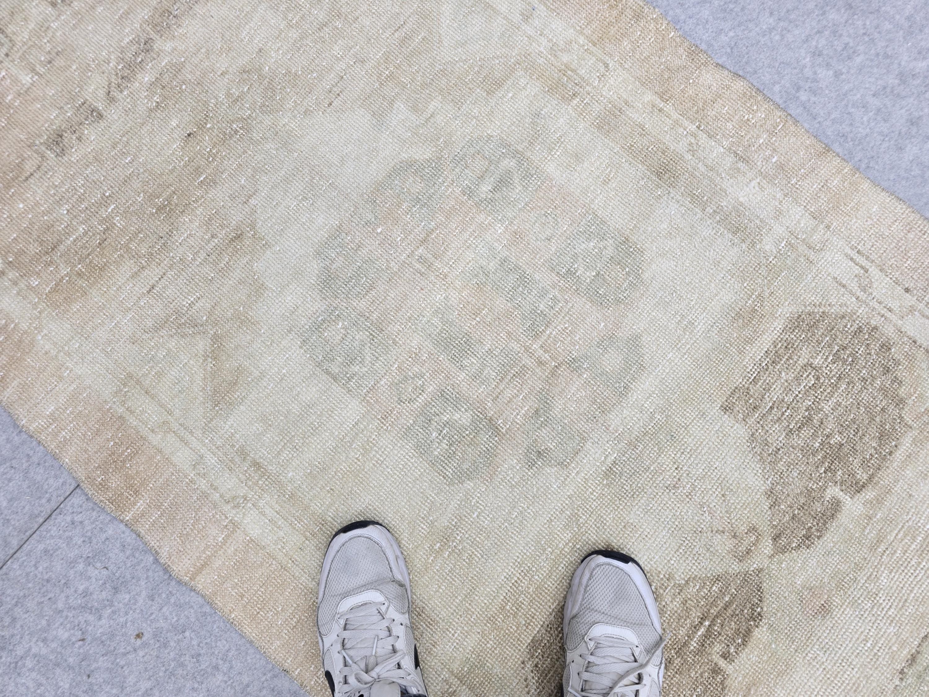 Oushak Runner Rug 3x13, Faded Apricot Beige Hallway Runner, Extra Long Wool Kitchen Runner, Soft Sage Entry Rug for Home Office Decor
