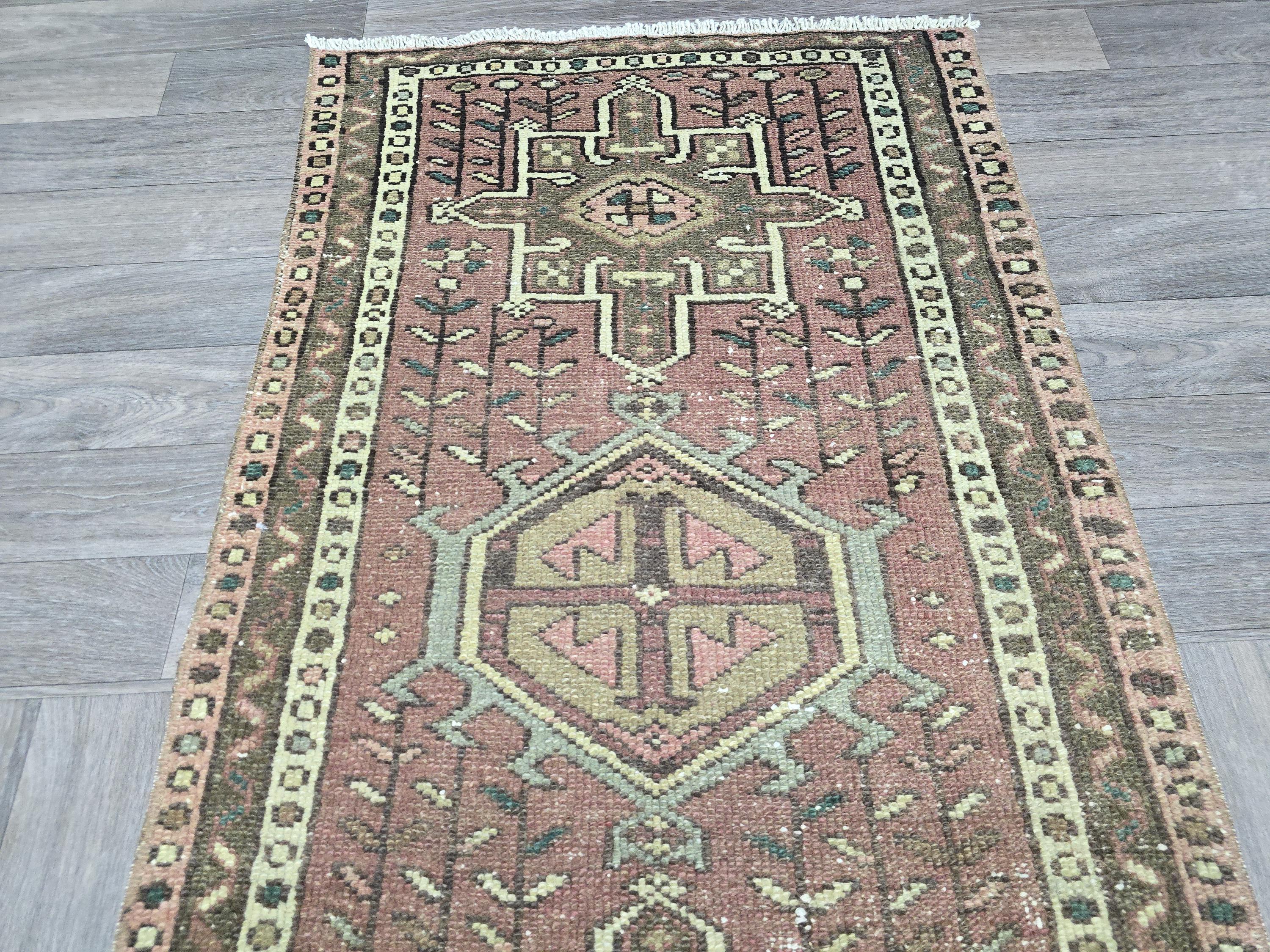 Hand Knotted Wool Heriz Runner Rug: 2.5x14 Long Anatolian Hallway Carpet