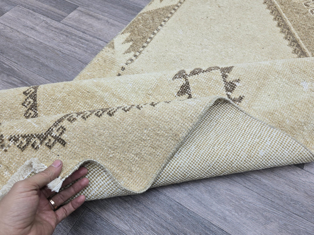 Vintage Anatolian Runner Rug: Cream Beige Wool Hallway Carpet, 3x13 Boho Rug