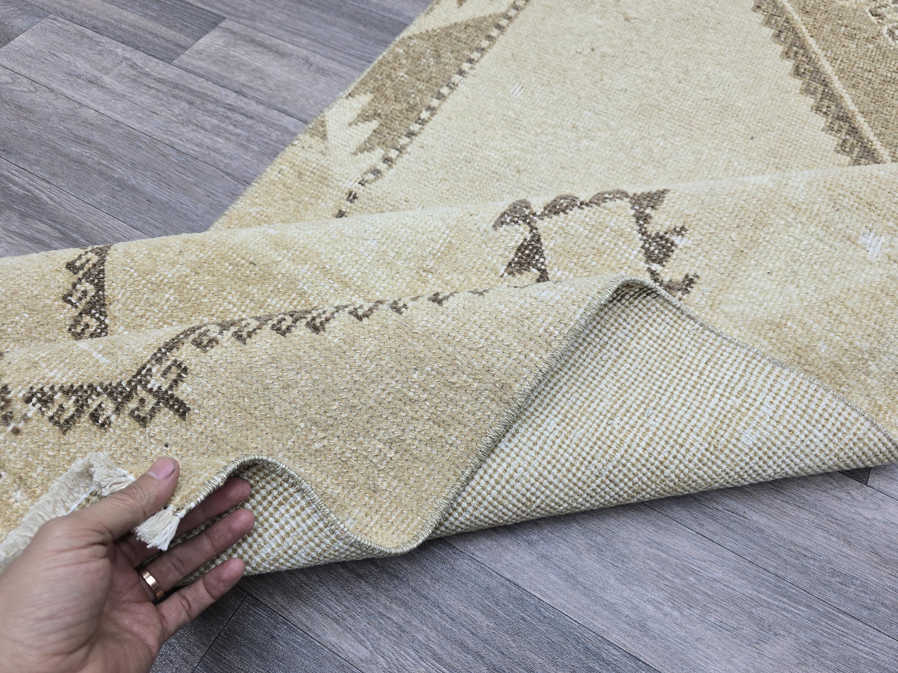 Vintage Anatolian Runner Rug: Cream Beige Wool Hallway Carpet, 3x13 Boho Rug